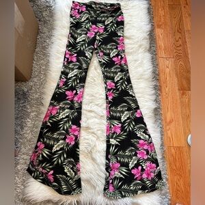 Black Floral Print Flare Pants